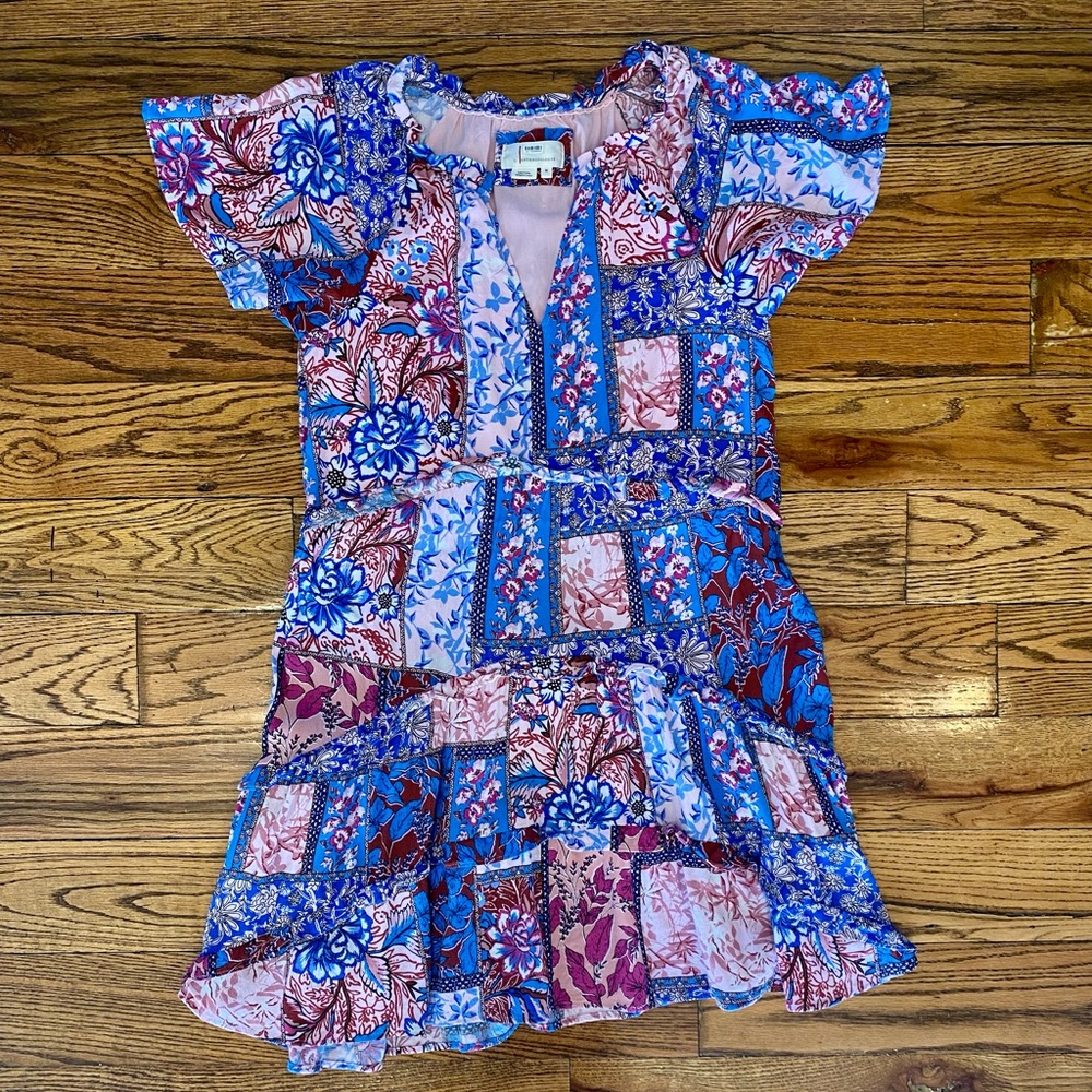 Anthropologie Robin Pink and Blue Floral Tiered Mini Dress - Size Medium